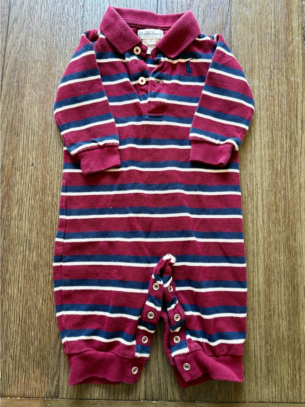 Ralph Lauren Burgundy Striped Long-Sleeve Baby Rugby Coverall
